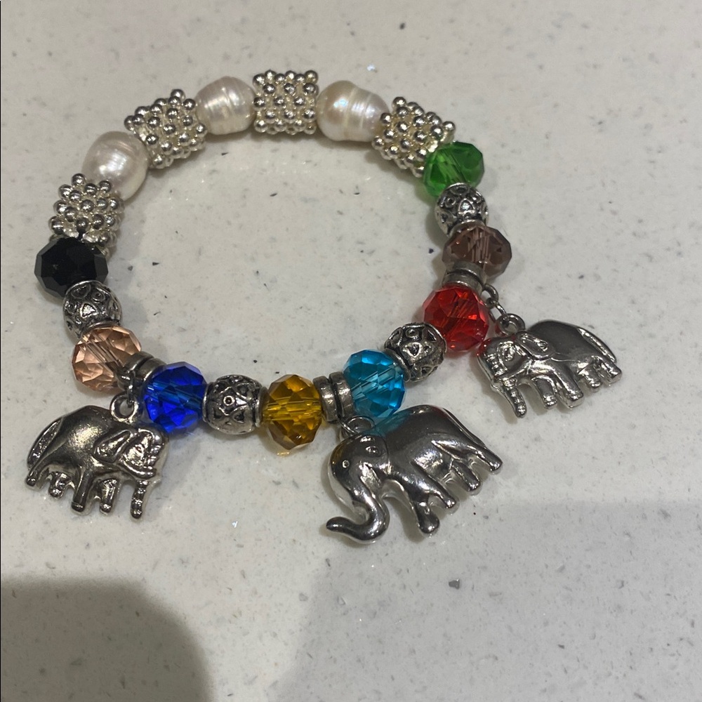 Pearls with Colorful glass Beads &
Elephant Charm Bracelet